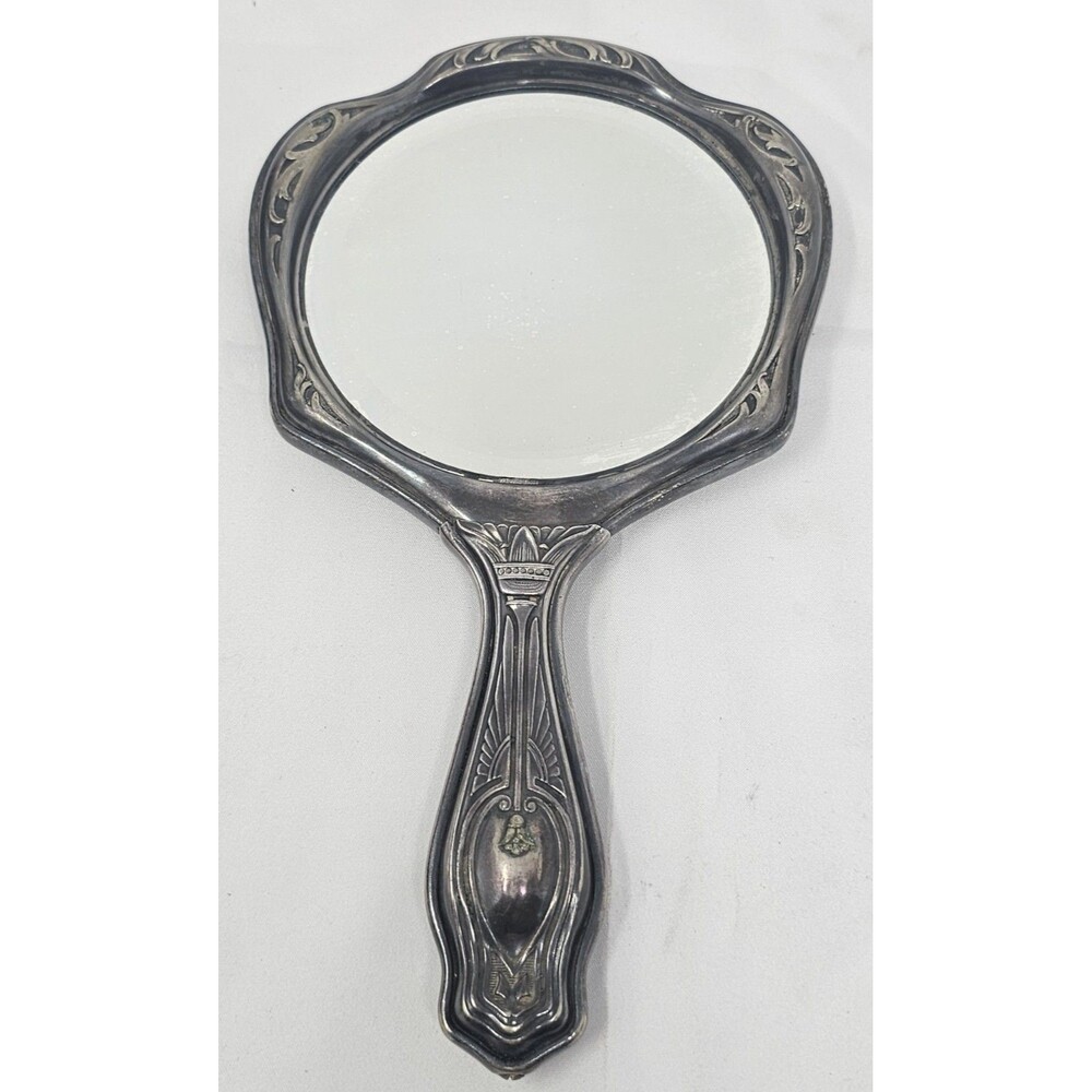 Antique Art Nouveau Silver Plated 10" Hand Vanity Mirror Victorian Design 1905